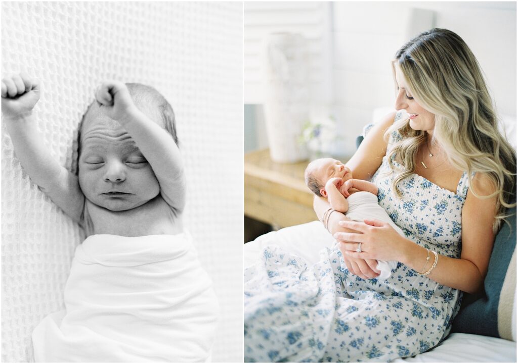 in home newborn photos with mom holding baby with Wilmington NC newborn photographer 